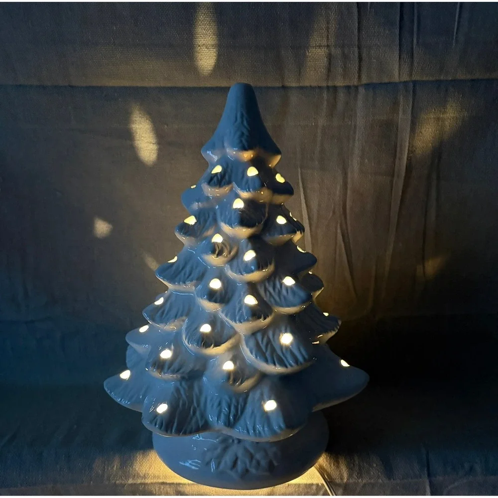 White Ceramic Lighted Christmas Tree 12 Inch Tabletop Holiday Decor Glossy Glaze